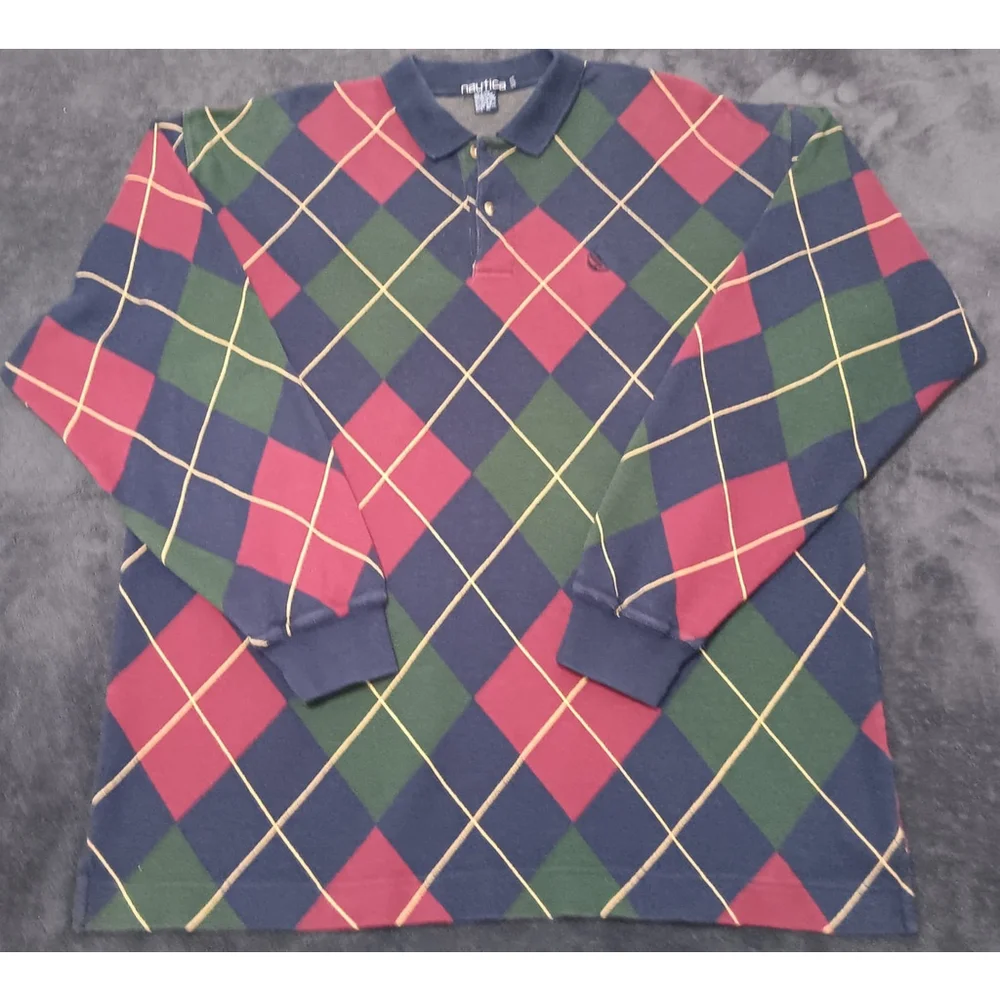 Vintage 90s Nautica Men's XL Polo Rugby Argyle Shirt L/S EUC - Picture 9 of 10